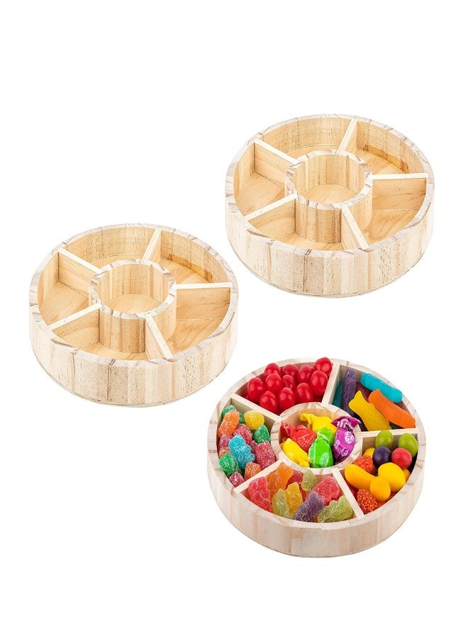 Hammont Round Wooden Tray – 3-Pack – 8.5″ x 1″ – 6 Section Divided Serving & Snack Platter for Appetizers, Veggies, Montessori Activities - Image 1